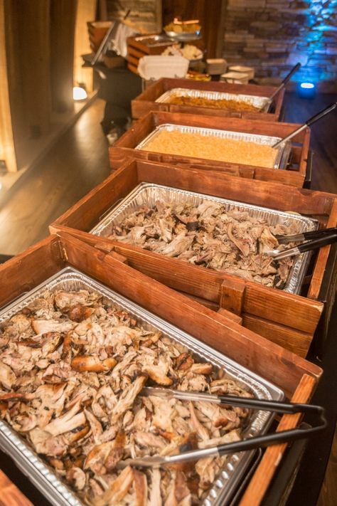 Outdoor Wedding Bbq Receptions, Barbecue Buffet Table Ideas, Wedding Food Stations Buffet Bbq, Food For Rustic Wedding, Wedding Food Bbq Buffet, Fancy Bbq Wedding Reception, Pulled Pork Wedding Buffet Ideas, Rustic Food Display Table, Bbq For Wedding Reception Food