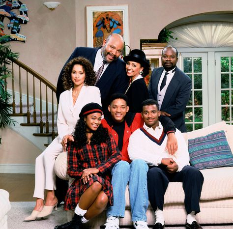 "The Fresh Prince of Bel Air" season 6 cast photo, 1995.  Top row (L to R): Karyn Parsons, James Avery, Daphne Maxwell-Reid, Joseph Marcell. Bottom row (L to R): Tatyana Ali, Will Smith, Alfonso Riberio.  Smith also served as executive producer for season six - the final year for the sitcom. Karyn Parsons, Black Sitcoms, Air Cast, Alfonso Ribeiro, Tatyana Ali, Black Tv Shows, Ashley Banks, Hulk Character, Fresh Prince Of Bel Air