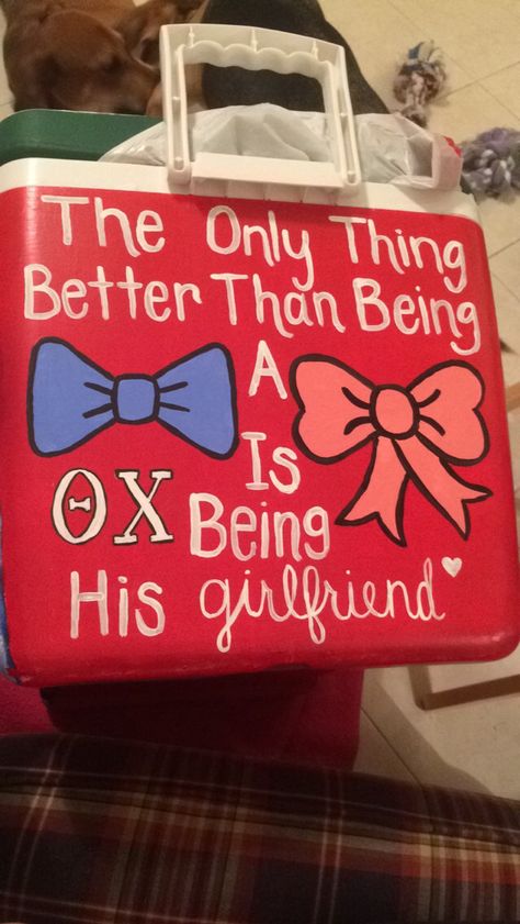 Theta chi frat cooler painted for my boyfriend for graduation Frat Boyfriend, Sigep Cooler, Frat Banner, Nola Cooler, Frat Formal, Formal Cooler Ideas, Greek Crafts, Fraternity Coolers, College Necessities