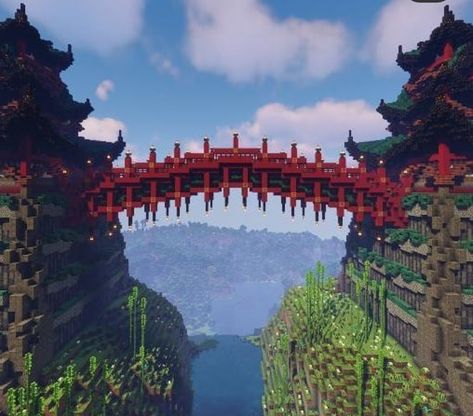 Japanese Minecraft Stairs, Japanese Minecraft Fountain, Japanese Style Bridge Minecraft, Minecraft Japanese Wall Designs, Tori Gate Minecraft, Japanese Bridge Minecraft, Chinese Minecraft Builds, Minecraft Chinese Builds, Minecraft Building Ideas Japanese