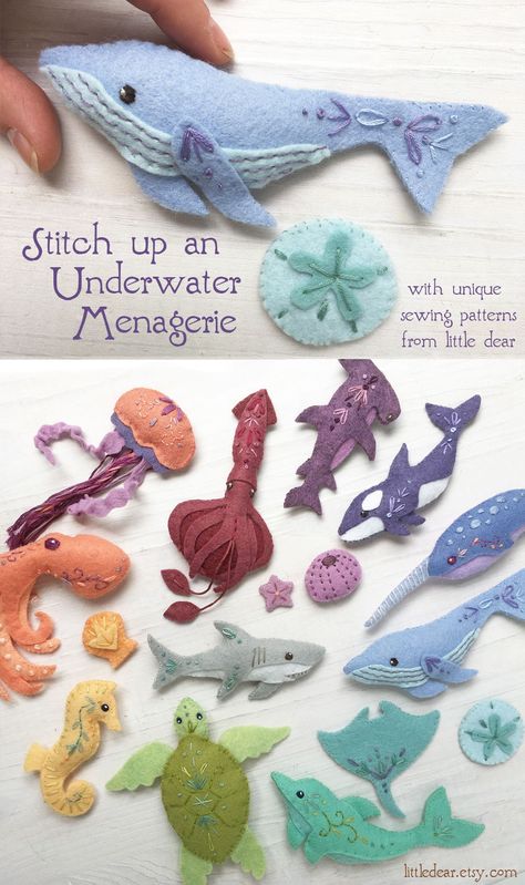 Felt Sea Creatures, Felt Sea Animals, Felt Crafts Diy, Sewing Stuffed Animals, Felt Embroidery, Pola Sulam, Felt Patterns, Felt Christmas Ornaments, Ocean Animals