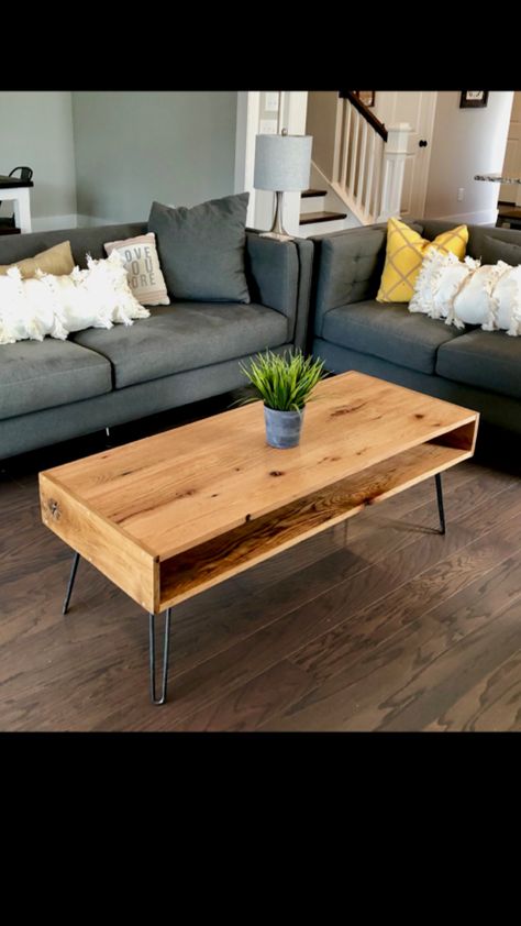 Homemade Living Room Table, Homemade Wood Coffee Table, Boho Mid Century Modern Living Room Coffee Tables, Homemade Coffee Tables Wood, Wooden Coffee Table Diy, Hairpin Bench Coffee Table, Diy Coffee Table Hairpin, Natural Wood Coffee Table Mid Century, Boho Mid Century Modern Living Room