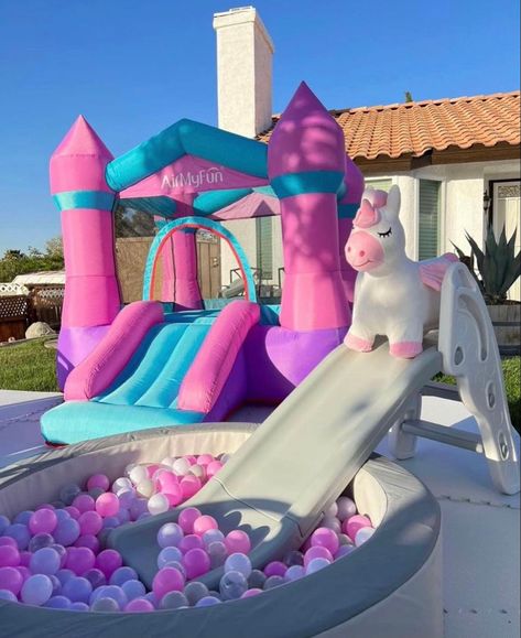 Aesthetic Bounce House, Pink Ball Pit Birthday Parties, Unicorn Bounce House, Cute Bounce House, Purple Motorcycle, Event Rental Business, Baby Fancy Dress, Art Ideas For Teens, Unicorn Pool Float