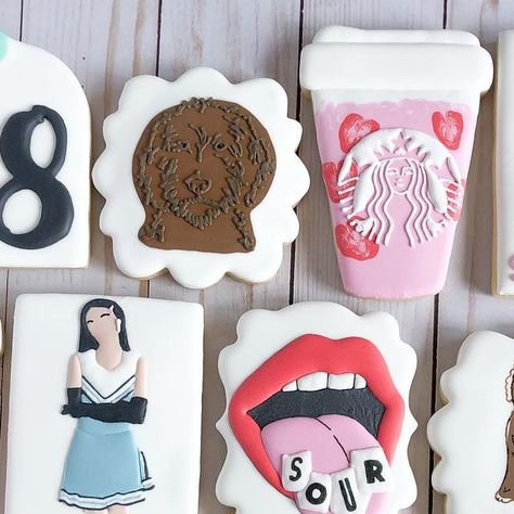 JenJen Sweet Treats, LLC on Instagram: "My baby is 18 today! I love doing these “Favorite Things” cookie sets for my family. She loves her labradoodle Milo, Starbucks pink drinks & Olivia Rodrigo’s songs. Happy 18th Birthday, Haley! I LOVE YOU! . . . *The Starbucks drink is @kaleidacuts Fuel To Go Cup trimmed." Olivia Rodrigo Cookies, Nice Cakes, 11 Birthday, Cookie Sets, Happy 18th Birthday, To Go Cup, Tenth Birthday, Liv And Maddie, Starbucks Drink