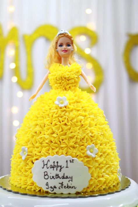 Yellow buttercream Doll Cake Design, Doll Cake Designs, Doll Cake, Yellow Color, Butter Cream, 1st Birthday, Disney Princess, Dolls, Cake