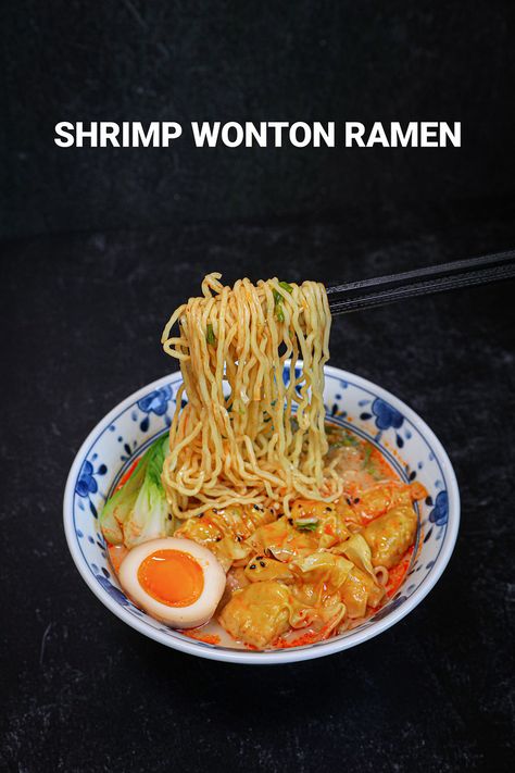 Whole Shabang Shrimp Wonton Ramen Recipe & Video Shrimp And Ramen, Wonton Ramen, Fresh Ramen Noodles, Ramen Ingredients, Food Ramen, Chili Oil Recipe, Shrimp Wonton, Ramen Dishes, Seonkyoung Longest