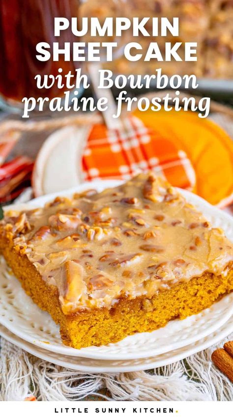 Pumpkin Sheet Cake topped with a caramel bourbon praline frosting is the best pumpkin dessert this season. Get the easy recipe! Praline Frosting, Caramel Bourbon, Autumn Foods, Little Sunny Kitchen, Praline Cake, Cake Bar, Pumpkin Sheet Cake, Sunny Kitchen, Pumpkin Cake Recipes