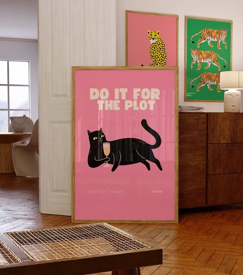 Trendy Do It For The Plot Print-Black Cat Wall Art Decor-Funny Cat Poster-Champagne Posters-Bar Cart Art-Cat Lover Gift-Cat Champagne Print Etsy Posters Wall Prints, Free Downloadable Prints, Living Room Wall Art Ideas, Champagne Wall Art, Do It For The Plot, For The Plot, Bar Cart Art, Black Cat Print, Whimsical Artwork