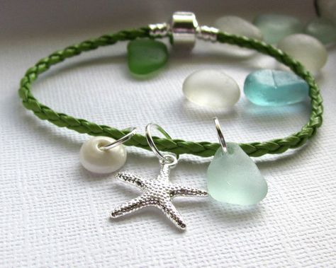 Beach Bangle Sea Glass Starfish Puka Shell by GardenLeafSeaside, $18.00 Beachy Jewlery, Sea Glass Gifts, Bangles Diy, Beach Bracelet, Glass Bangles, Glass Beach, Leather Bangle, Beachglass Jewelry, Beach Bracelets