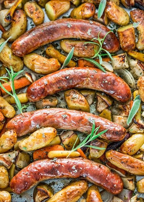 Baked Sausages with Apples Sheet Pan Dinner - these pork sausages are perfectly baked together with apples, fingerling potatoes, baby carrots and lots of fresh herbs, all in one pan making it super easy for cleanup. www.jocooks.com #sheetpandinner Meal Prep On Fleek, Pan Cooking, Easy Sheet Pan Dinners, Jo Cooks, Sheet Pan Suppers, Sausage Dishes, Sheet Pan Dinners Recipes, Sausage Bake, Apple Sausage