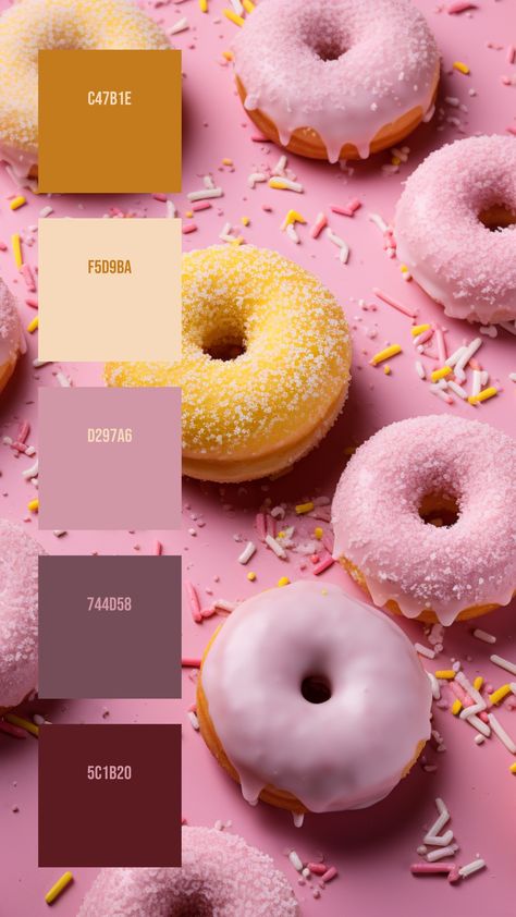 Colors:
C47B1E
F5D9BA
D297A6
744D58
5C1B20 Sweet Colour Palette, Donut Color Palette, Color Thesaurus, Monochromatic Pink, Pink Doughnuts, Dessert Treats, Hex Color Palette, Sugar Glaze, Pink Backdrop