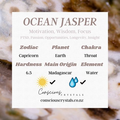 Ocean Jasper metaphysical properties includes motivation, wisdom, focus, helps PTSD, passion, oppotrunities, longevity, insight. Ocean Jasper is sun safe and water safe. Click to find out even more about Ocean Jasper 🌊 Ocean Jasper Meaning, Guide Infographic, Zodiac Planets, Jasper Meaning, Powerful Crystals, Ocean Jasper Crystal, Crystal Healing Stones, Power Crystals, Ocean Jasper