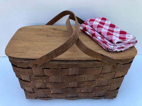 Excited to share this item from my #etsy shop: Antique/Vintage Wooden Slat Picnic Basket & Six Red and White Check, Cloth Napkins, Old Picnic Set, Primitive Basket, Farmhouse Basket #brown #red #vintagepicnicset #redginghamnapkins #farmhousepicnicset #rusticpicnicbasket #picnicstorage #picnicsetgift #countrypicnic Country Picnic, Rustic Basket, Farmhouse Basket, Vintage Wire Baskets, Gingham Napkins, Vintage Picnic Basket, Rustic Baskets, Garden Basket, Picnic Baskets