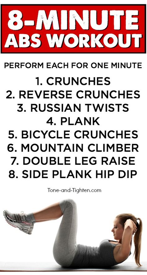 8-Minute abs workout routine you can do at home! Get crazy results fast with these great exercises (video descriptions on linked page)! From Tone-and-Tighten.com Workout Routine At Home, 8 Minute Ab Workout, Abs Workout Routine, Ab Motivation, Crunches Workout, Ab Routine, Workout For Flat Stomach, Best Ab Workout, Get Crazy