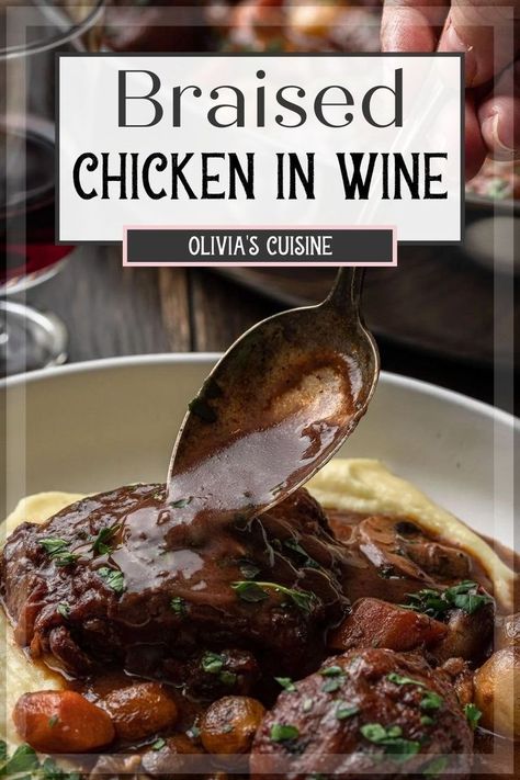 Coq au Vin is a traditional French stew where chicken is slowly braised in red wine and garnished with mushrooms and pearl onions. Nourishing and comforting, it is easy enough to serve to your family on a cold night, but also so rich and decadent that it will definitely impress friends at a dinner party. Red Wine Recipes Cooking, French Stew, Cooking With Red Wine, Red Wine Chicken, Coq Au Vin Recipe, Chicken Wine, Easy French Recipes, Braised Chicken Breast, Red Wine Recipe