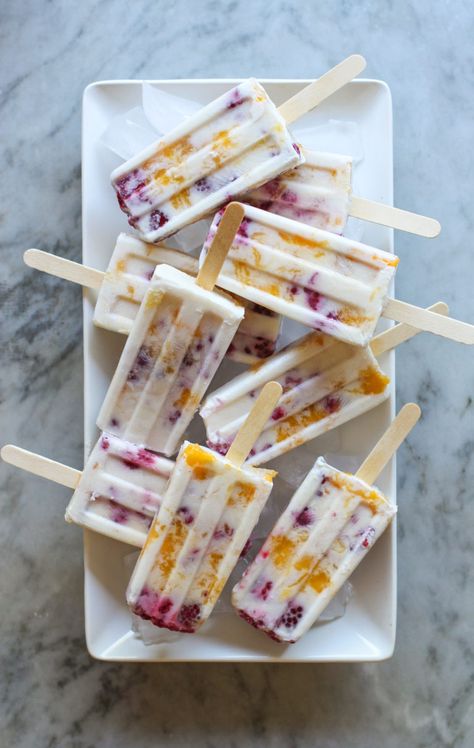 raspberry, mango and coconut popsicles - Girl on the Range Raspberry Popsicles, Berry Popsicles, Coconut Popsicles, Summer Popsicles, Almond Crusted, Homemade Crackers, Frozen Yoghurt, Crunchy Snack, Cracker Recipes