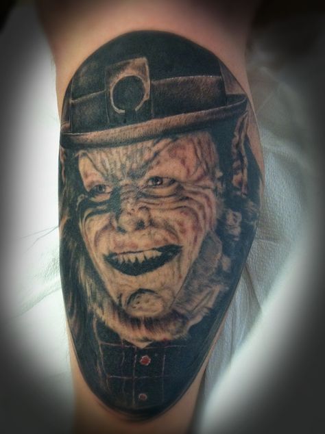 TATTOOS - leprechaun tattoo  Tattoos by Becky www.facebook.com/tattoosbybecky Horror Tatoos, Horror Black And White, Movie Character Tattoos, The Scariest Movie, Leprechaun Movie, Leprechaun Tattoos, Horror Movie Villains, Small Nature Tattoo, Horror Black