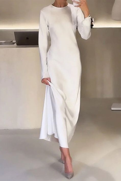 Maxi White Dress, Simple Maxi Dress, Casual Autumn Outfits Women, Satin Dress Long, Maxi Dresses Fall, Flare Sleeve Dress, Lounge Dress, Long Dress Casual, Solid Color Dress