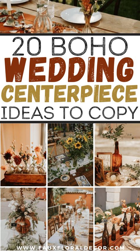 20 Boho Wedding ceremony Centerpiece Concepts That Are Easy And Gorgeous Check more at https://howcandothis.com/weddingideas/20-boho-wedding-ceremony-centerpiece-concepts-that-are-easy-and-gorgeous/ Boho Themed Wedding Shower Ideas, Fall Country Centerpieces, Fall Color Centerpieces Wedding, Diy Reception Table Decorations, Bohemian Wedding Decorations Receptions, Boho Wedding Table Centerpieces Diy, Fall Boho Wedding Table Centerpieces, Boho Table Centerpieces For Party, Center Piece Wedding Fall