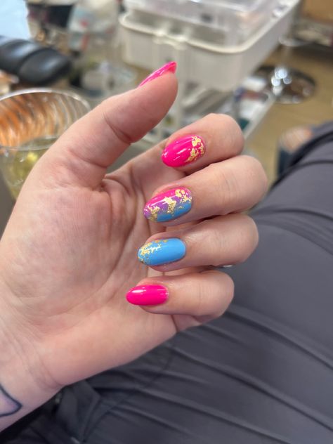 Pink and blue Gel X extensions with gold foil detail. Gel X Extensions, Blue Gel, Wedding Nail, Nail Extensions, Blue Nails, Wedding Nails, Gold Foil, Nail Ideas, Foil