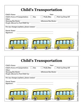 Schools can ensure their students' safety in getting to and from class with this printable transportation record. Free to download and print School Transportation Form, Field Trip Permission Slip, Childcare Facility, Transportation Form, School Bus Safety, Bus Safety, Bus Ideas, Permission Slip, Parent Contact