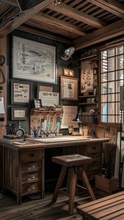 Art Desk Aesthetic, Vintage Office Design, Mens Home Office, Modern Wooden Desk, Rustic Home Office, Whiskey Room, Rustic Home Offices, Design Studio Workspace, Hobby Desk