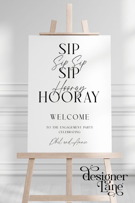 How can you go wrong with this Black and White Modern Engagement Party Sign! With Sip Sip Hooray in a beautiful script font to add some fun :) Engagement Party Black And White, Black And White Engagement Party, Sip Sip Hooray Engagement Party, Acrylic Sign Engagement Party, Engagement Party Drink, Engagement Party Welcome Sign With Photo, Engagement Party Welcome Sign Acrylic, Engagement Party Welcome Sign With Picture, White Engagement Party