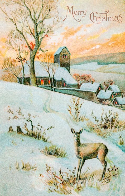 Christmas Card Depicting Winter Landscape and Deer (1910) by E. A. Schwerdtfeger & Co. Original from The New York Public Library. Digitally enhanced by rawpixel. | free image by rawpixel.com / New York Public Library (Source) Antique Christmas Cards, Happy Christmas Card, Merry Christmas To You, Wallpaper Iphone Christmas, Images Vintage, Old World Christmas, Christmas Poster, Blue Snowflakes, Merry Christmas Card