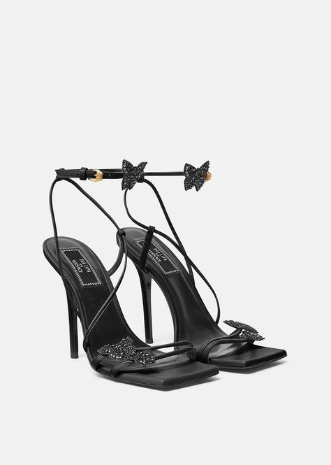 Versace Women's Crystal Butterflies Satin Sandals in Black | Versace INT Versace X Dua Lipa Heels, Talon Versace, Dua Lipa Versace Collection, Versace Dua Lipa Collection, Versace Butterfly Heels, Black Versace Heels, Versace Dua Lipa, Versace X Dua Lipa, Dua Lipa X Versace