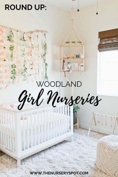 Girly Nursery Ideas Woodland, Baby Girl Nursery Nature Theme, Woodland Toddler Room Girl, Woodsy Nursery Girl, Hobby Lobby Baby Girl Nursery, Tiffany Nursery, Baby Girl Animal Nursery, Girly Woodland Nursery, Boho Theme Nursery