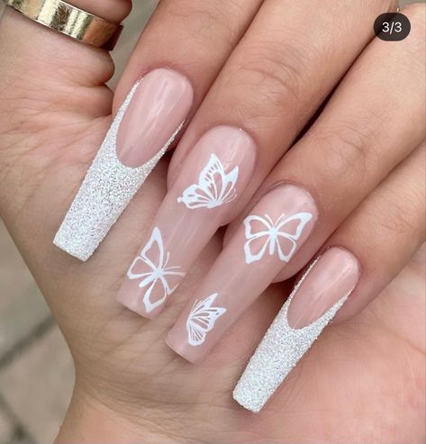 Butterfly White Nails, Butterfly White, Purple Acrylic Nails, Long Acrylic Nail Designs, Long Nail Designs, Glamour Nails, Beige Nails, White Acrylic Nails, Glow Nails