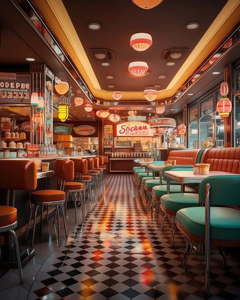 @orangeglasses • Instagram photos and videos Modern American Diner, Retro Restaurant Interior, Retro Restaurant Aesthetic, 70s Bar Aesthetic, 1920s Diner, Gas Station Illustration, Cafe Background, 70's Aesthetic, Diner Aesthetic