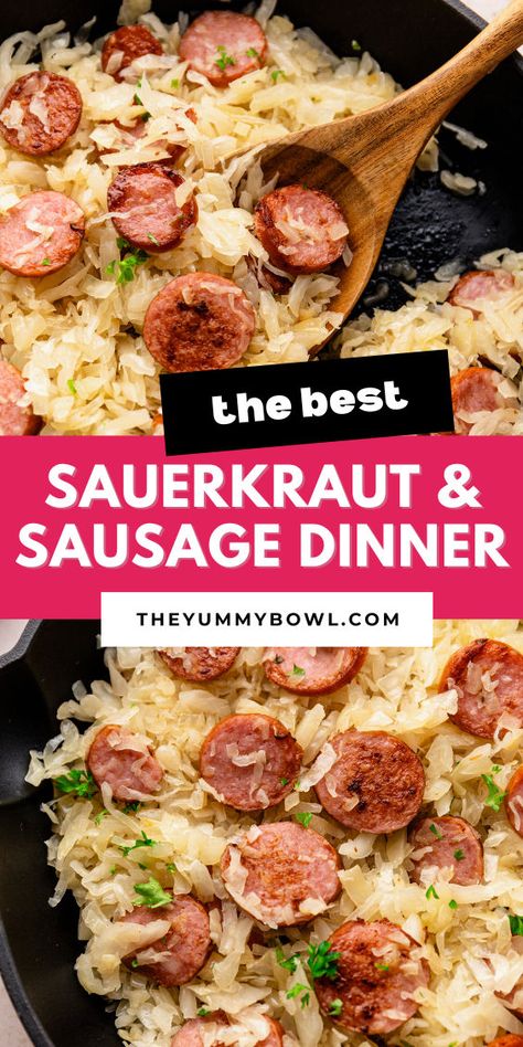 Sauerkraut & Kielbasa Skillet Keilbasa And Sauerkraut, Smoked Sausage And Sauerkraut Recipe, Saurkraut And Sausage, Sauerkraut Dinner, One Pot Kielbasa, Kielbasa And Sauerkraut, Kielbasa Sausage Recipes, Sausage And Sauerkraut, Polish Sausage Recipes