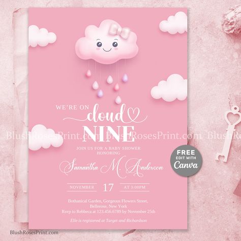 Cute Fluffy White We're on Cloud Nine Baby Shower Invitation Template FREE Edit with CANVA Cloud 9 Girl Baby Shower Invite Template Download Baby Shower Invite Template, Free Baby Shower Invitations, Free Edit, Pastel Color Schemes, Baby Shower Invitation Template, Clouds Design, Baby Blocks, Baby Shower Invite, Invite Template