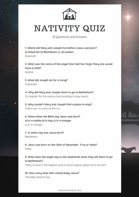 Test your Christmas trivia knowledge with this Nativity quiz. It has 25 questions and answers to test how well you know the Nativity story from the bible.

#quiz #trivia #christmas #christmasquiz #christianity #jesus #nativity #fun #family Christmas Quiz For Kids, Christmas Questions And Answers, Christmas Quiz And Answers, Christmas Trivia For Kids, Christmas Story Bible, Christmas Bible Trivia, Christmas Quizzes, Christmas Trivia Quiz, Christmas Trivia Questions