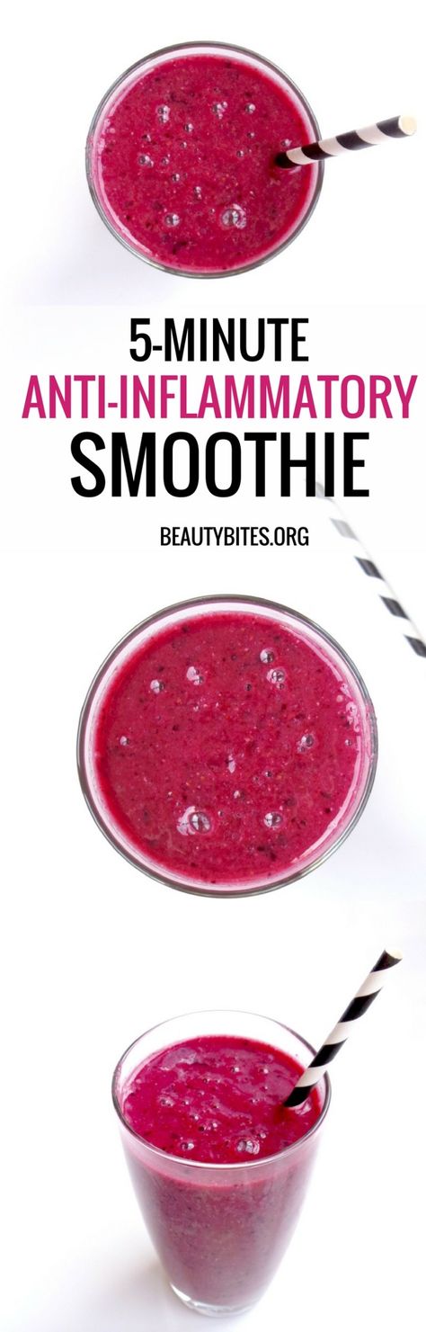 5-minute anti-inflammatory smoothie. Start your mornings with this simple anti-inflammatory recipe or have it as a healthy snack later during the day to easily add more antioxidants to your diet! This recipe is also vegan, paleo and gluten-free! #healthyrecipe #smoothie Anti I Flammatory Smoothie, Anti Flammatory Smoothie, Inflammation Smoothie, Heathy Smoothies, Inflammatory Meals, Inflammation Diet Recipes, Inflammation Foods, Endo Diet, Anti Inflammation Recipes