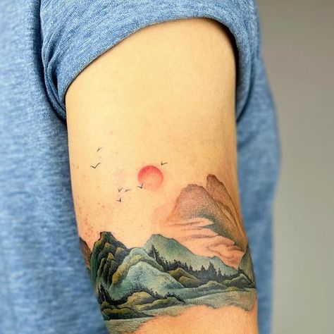 Mountain Color Tattoo, Asian Mountain Tattoo, Colored Mountain Tattoo, Mountain Range Tattoo, V Tattoo, Mountain Tattoo Design, Colorado Trip, Asian Skin, Tattoo Color