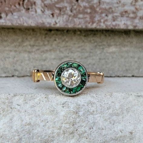 Wedding Rings Tattoo, Emerald Design, Emerald Halo Engagement Ring, Halo Engagement Ring Emerald, Emerald Halo, Ring Tattoos, Trending Engagement Rings, Gold Promise Rings, Yellow Gold Diamond Ring