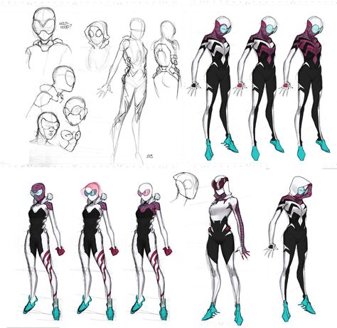 Spiderverse Turnaround, Spider Gwen Suit Concept Art, Spider Gwen Redesign, Spider Gwen Concept Art, Spider 2099, Spider Sonas, Spiderman Oc Art, Costumes Design, Into The Spiderverse