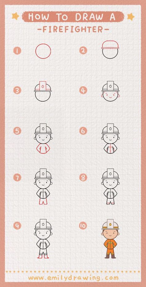 Want to draw a super cute firefighter head fast and easy? Follow these 6 simple, step-by-step diagrams and you'll be drawing a beautiful firefighter in no time! - Enjoy Art and have fun being creative and becoming an artist! ❤ Firefighter Drawing, Drawing Tutorials For Kids, Being Creative, Everyday Heroes, Easy Doodle Art, Drawing Tutorial Easy, Colored Pencil Drawing, Guided Drawing, Learn How To Draw