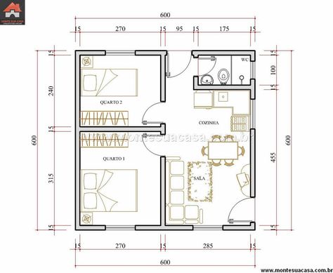 Two Bedroom House Design, Mini House Plans, Little House Plans, Two Bedroom House, Small House Floor Plans, Building Plans House, Apartment Floor Plans, Cabin House Plans, House Plan Gallery