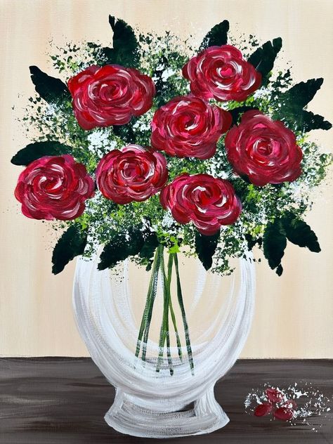 Rose In Vase Painting, Rose Bouquet Painting Acrylic, Bouquet Of Roses Painting, Simple Rose Painting Acrylic, Rose Canvas Painting Easy, Flower Vase Painting Easy, Simple Rose Painting, Easy Rose Painting, Rose Bouquet Painting