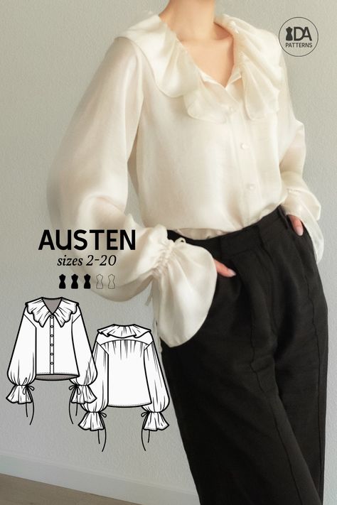 Taking the ultimate luxury of effortless romance and enjoying it fully in an elegant blouse, this Austen top adds glamorous excitement to a classic design with a stunning ruffled collar around a softened V-neckline and the delicately flowing extra ties that gather up charmingly around the extra long sleeves ❤️ AUSTEN Ruffled Top PDF Digital Sewing Pattern for Women Sizes 2-20 After your purchase you will receive: an instructional ebook, the nested pattern in 10 sizes and 2 formats, A4/Letter and Winter Top Pattern Sewing, Poet Blouse Pattern, First Sewing Projects Clothes, Sewing Pattern Shirt Women, Poet Shirt Pattern Free, High Fashion Sewing Patterns, How To Sew Long Sleeves, Autumn Sewing Projects Clothes, Puffed Sleeve Pattern