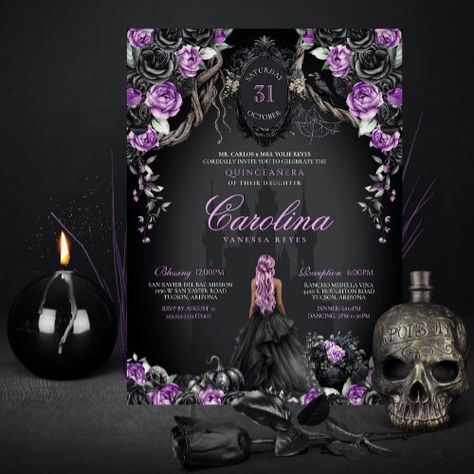 Purple Black Gothic Princess Halloween Quinceanera #gothicprincess #gothichalloween #gothicquinceanera #halloweenquinceanera #spooky #sweetsixteen #fallquinceanera #masqueradeball #diadelosmuertos #purpleandblack Spooky Quinceanera, Halloween Quinceanera, Gothic Quinceanera, Halloween Sweet 16, Purple Quinceanera Theme, Fairytale Invitation, Purple Quince, Quinceanera Nails, Princess Halloween