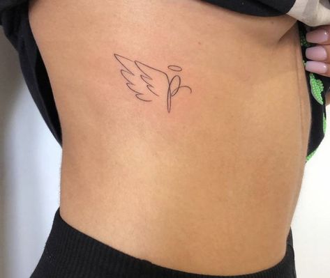 Initial With Halo Tattoo, Wing Tattoo Placement Ideas, Letter With Angel Wings Tattoo, Fineline Angel Wing Tattoo, Single Angel Wing Tattoo, Angel Wings Fine Line Tattoo, Small Angel Wing Tattoo With Initials, Angel Tatoos Small, Angel Wings Tattoo Behind Ear