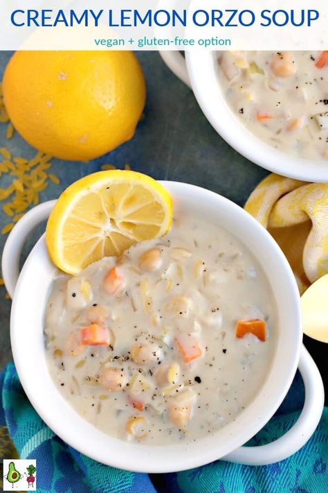 Orzo Soup Vegan, Creamy Lemon Orzo, Vegan Orzo, Chickpea Noodle Soup, Chickpea Noodle, Lemon Orzo Soup, Vegan Stew Recipes, Vegan Potato Leek Soup, Avgolemono Soup