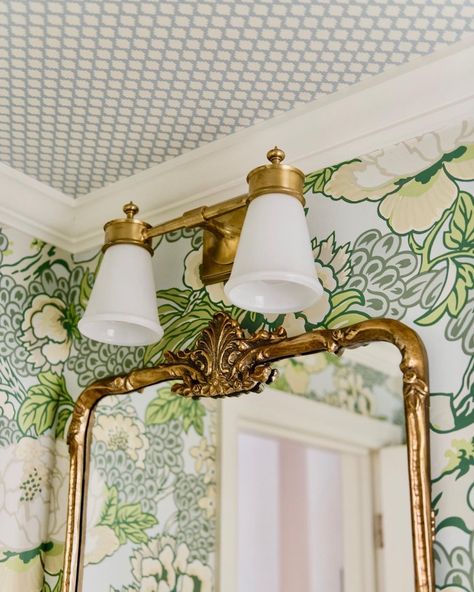 Powder Room Green, Floral Powder Room, Thibault Wallpaper, Thibaut Wallpaper Bathroom, Powder Room Inspiration, Traditional Bathroom Tile, Bathroom Wall Coverings, Wallpaper Powder Room, Powder Room Wallpaper