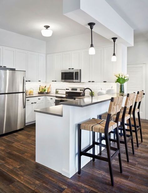 Two Tiered Peninsula Kitchen, Two Tier Peninsula Kitchen, Waterfall Kitchen Counter, L Shaped Kitchen With Bar Counter, Pendant Lights Over Kitchen Peninsula, Small Rectangular Kitchen Ideas, Modern Kitchen Bar Design, Island In Small Kitchen Layout, Kitchen Peninsula With Seating