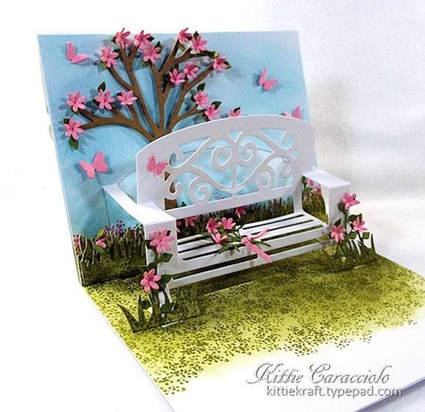 Kittie Caracciolo using the Pop it Ups Garden Bench and All Seasons Tree dies by Karen Burniston for Elizabeth Craft Designs. Kitty Craft, Bench Card, Tiny Bouquet, Pop Up Card Templates, White Bench, Pop Up Art, Paper Pop, Pop Up Box Cards, Elizabeth Craft Designs