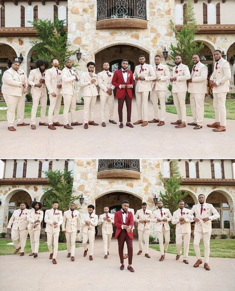 Red And Khaki Wedding Theme, Red White And Tan Wedding Idea, Black And White Hint Of Red Wedding, Red Wedding Party Groomsmen, Red Wine And Champagne Wedding, Maroon And Khaki Wedding, Red Bridal Party Color Schemes, White And Burgundy Groom Suit, Red Wedding Tux Grooms